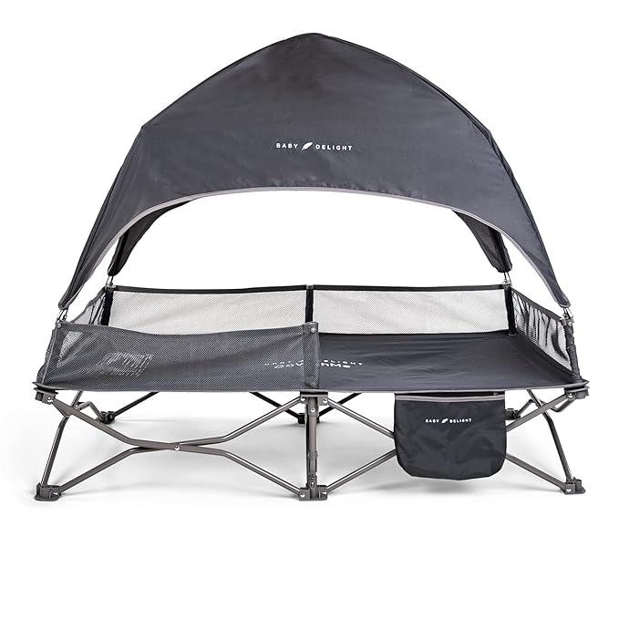 Baby Delight Go with Me Bungalow Deluxe Portable Cot | Toddler Travel Bed | Indoor and Outdoor | Sun Canopy | Grey