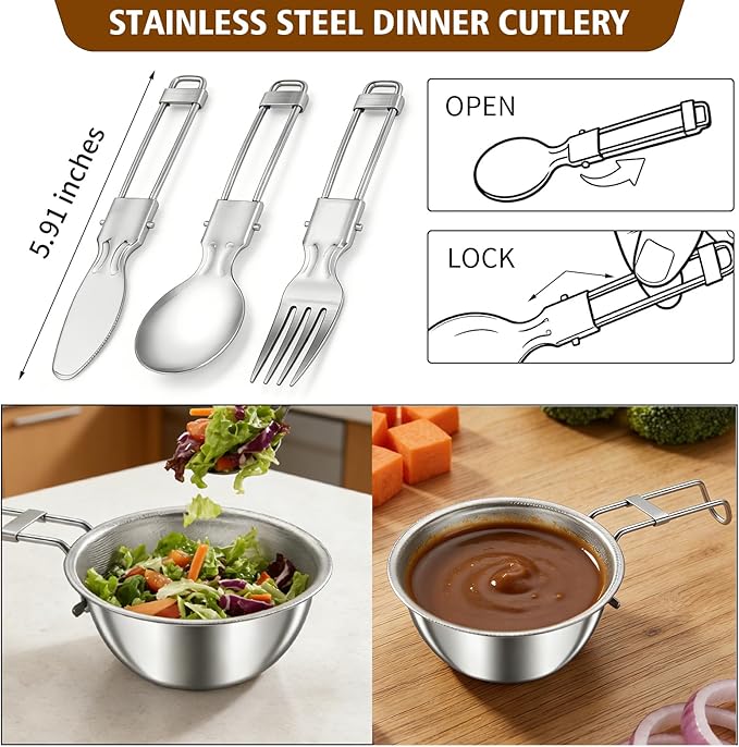 11Pcs Camping Cookware Set，Portable Camping Essentials with Accessories，Stainless Steel Lightweight Nonstick Pots、Pans、Bowls and Utensils for Backpacking RV Tailgating Cooking and Outdoor Cooking