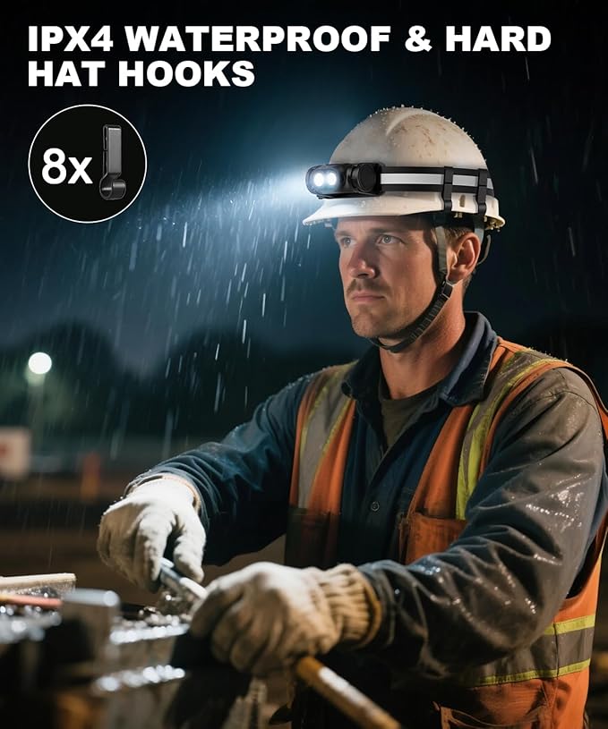 Rechargeable Running Headlamp, High Lumens Bright Head Lamp Led with Motion Sensor, 4 Modes, Magnet, Detachable Flashlight & Headband for Adult, Outdoor, Emergency, Hard Hat Light 2PC
