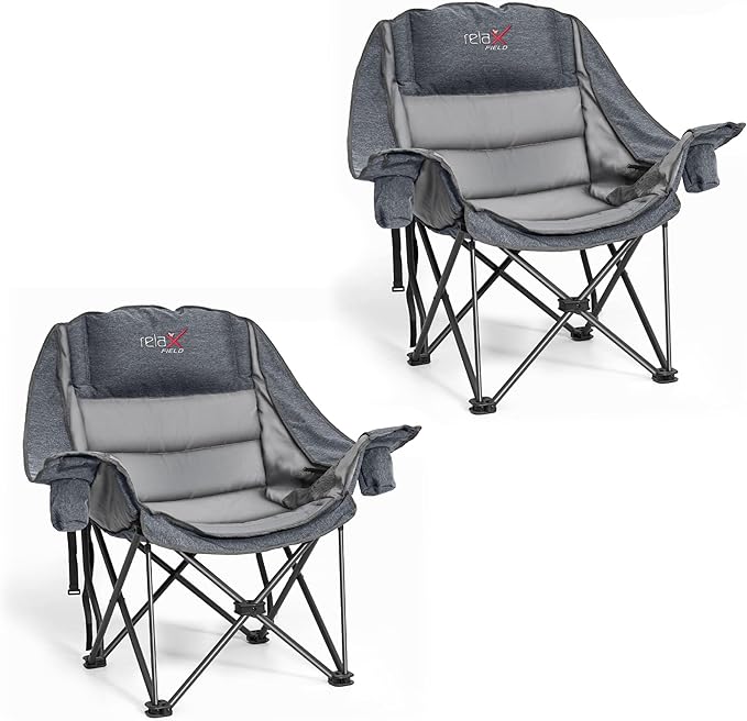 2 Pack Oversized Camping Chair, Portable Folding Padded Camp Chairs with Side Pocket, Cup Holder, Heavy Duty Support 500LBS Outdoor Lounge Chair for Adults, Fishing, Sports, Trip, Grey