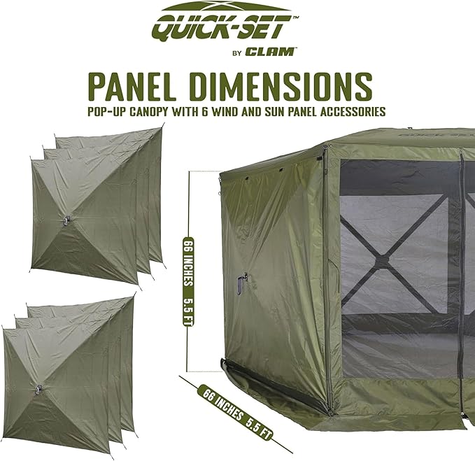 CLAM Quick-Set Wind & Sun Panels – 3 Pack Green Accessory for Escape, Traveler, and Venture Screen Shelters – Durable Pop-Up Tent Sidewalls with Carry Bag – Privacy & Weather Protection Panels