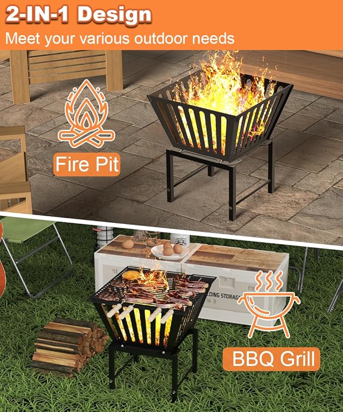 Outdoor Fire Pit — 17 Inch Portable with Storage Bag for Camping, Patio Heating, Picnic and BBQ, Trapezoid Vertical Hollow, Black
