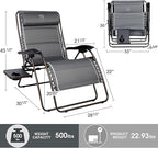 Timber Ridge Oversized Zero Gravity Chair, 33In Wide XXL Zero Gravity Reclining Chair with Side Table, Full Padded Lounge Chair for Outdoor Camping Patio Lawn, Heavy Duty Supports 500lbs, Grey-2 Pack