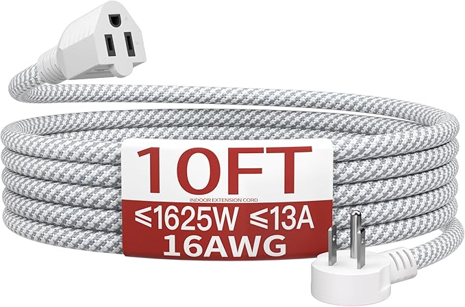 16/3 Flat Plug Braided Extension Cord 10 FT, Indoor 3 Prong Grounded Low Profile Extension Wire Flexible, Suitable for Home and Office, 13 Amp 1625 Watt 125VAC 16AWG, ETL Listed