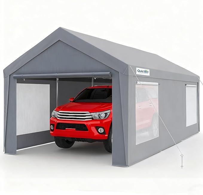 Quictent Upgraded 12x20 ft Heavy Duty Galvanized Carport - Reinforced Outdoor Garage Canopy Tent with Roll-up Ventilated Windows & Sidewalls, Weatherproof Shelter for Car, Boat, RV - Gray