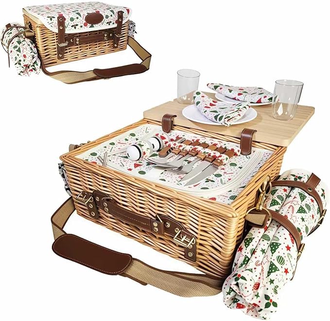 Wicker Picnic Basket Kit Set For 2 Adults With Blanket And Folding Wine Table,Multifunctional Picnic Set Insulated Portable Big Storage Capacity Full Tablewares,Camping,Outdoor,Christmas,Wedding,Gifts