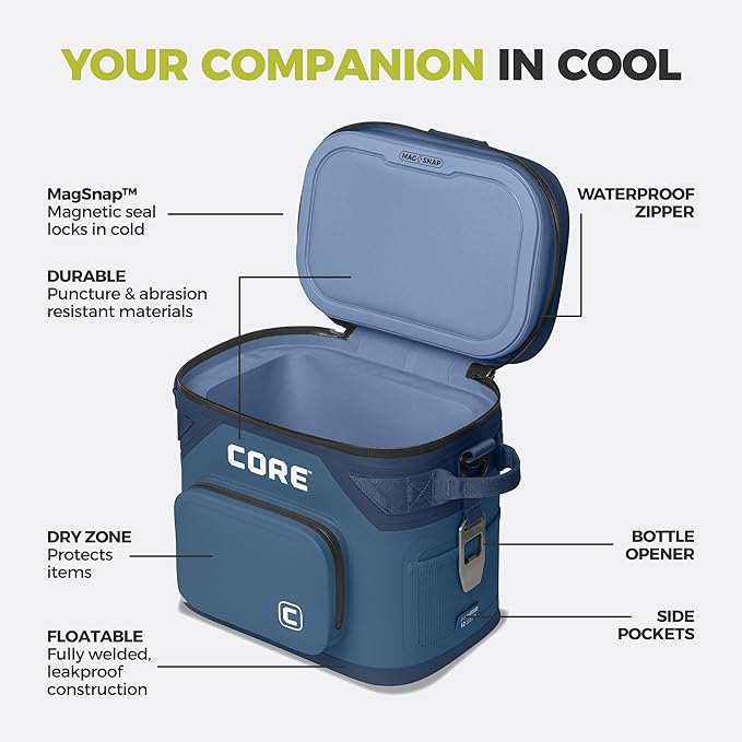 CORE Magnetic Leak Proof Soft Cooler with Waterproof Zipper | Insulated Bag Portable Ice Chest Box | Best Soft Cooler for Food & Beverages for Tailgating, Car Camping, Travel, and Family Beach Picnics