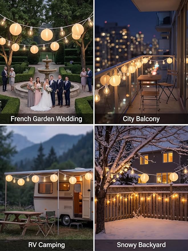 25Ft White Lantern String Lights with 10pcs G40 LED Bulbs,Nylon Hanging Chinese White Lanterns Connectable for Indoor Outdoor,Summer Camping,Wedding,Bedroom,White Wire