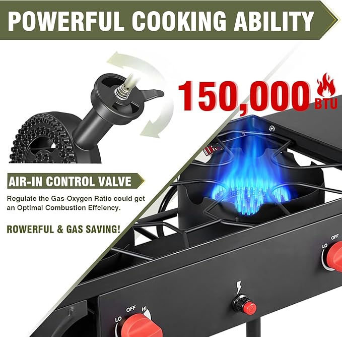 Bestfire 2 Burner Propane Camping Stove,150,000 BTU,Exclusive One-Touch Auto Ignition (Safer & Convenient),2 Side Shelves,CSA-Certified,30s Tool-Free Setup,Portable for Camping, Estufa De Gas Portatil
