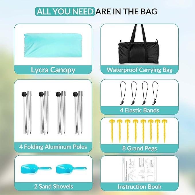 Gardentime Beach Tent Canopy with 8 Sandbags 4 Aluminum Poles, Pop Up Portable Camping Sun Shelter, Easy Set Up with 2 Sand Shovel, Ground Pegs, Carrying Bag for Outdoor Beach,Picnic, Fishing