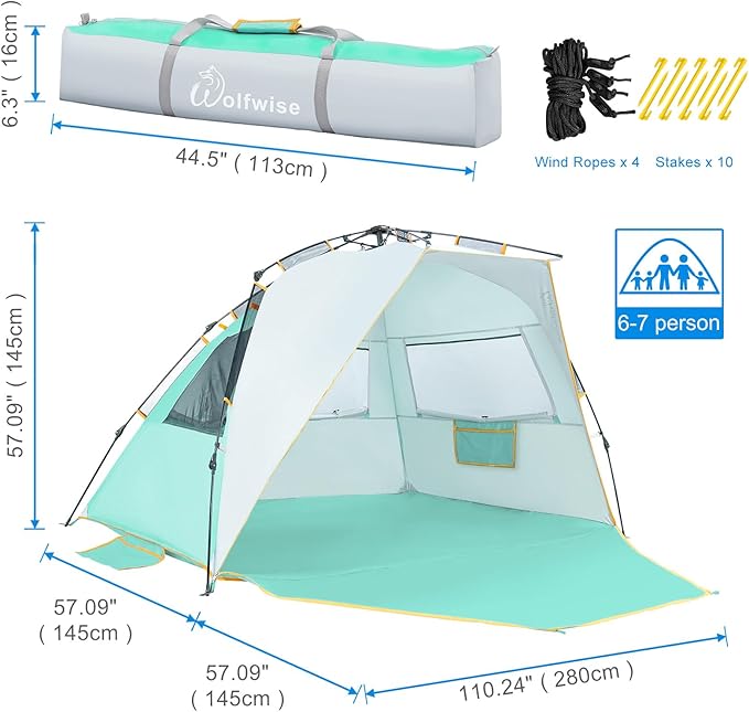 Wolfwise Instant Beach Tent Sun Shelter with Zippered Extendable Porch for Privacy, Portable Beach Tents with Carrying Bag, Easy Setup Pop up Beach Shade for 6-7 Person, 110 x57x57 in, Mint Green