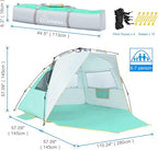 Wolfwise Instant Beach Tent Sun Shelter with Zippered Extendable Porch for Privacy, Portable Beach Tents with Carrying Bag, Easy Setup Pop up Beach Shade for 6-7 Person, 110 x57x57 in, Mint Green
