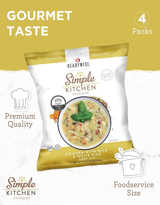 Simple Kitchen Chicken with Wild & White Rice Soup Mix - 17 Servings for Meal Prep, Gluten Free, Dehydrated & Freeze Dried Survival Food, Camping Meals, Backpacking & Hiking, Survival Kit, Pack of 4