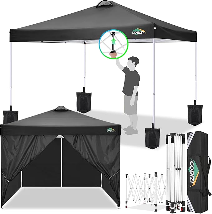 COBlZI 10x10 Pop Up Canopy Tent with 4 Removable Sidewalls, Waterproof Commercial Easy Adjustable Gazebo Tent with Air Vent, 4 Sandbags, 4 Stakes & 8 Ropes（Outdoor Tents for Parties/Exhibition,Black