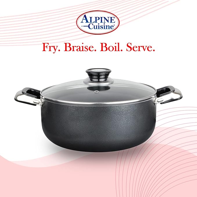 Alpine Cuisine 4 Quart Non-stick Stock Pot with Tempered Glass Lid and Carrying Handles, Multi-Purpose Cookware Aluminum Dutch Oven for Braising, Boiling, Stewing