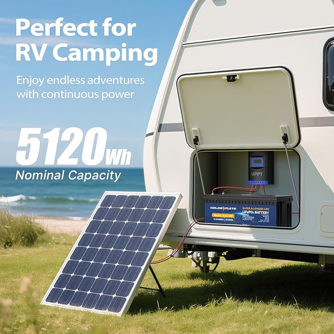GOLDENMATE 12V 400Ah LiFePO4 Lithium Battery, 5000+ Deep Cycles with 10-Year Lifespan, 5120Wh Power, Built-in BMS, Ideal for RV, Solar System, Marine, Trolling Motor, Golf Cart, Off-Grid Applications