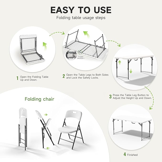 4FT Folding Table Set with 4 Chairs – Heavy-Duty 400 lb Table & 600 lb Chairs, Dual-Height Adjustment, Portable Folding Furniture Set for Camping, Parties, Indoor & Outdoor Use