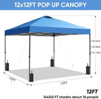 GDY 12x12 Pop Up Canopy Patio Carpas, One Push Set up with Central Lock Canopy with Wheeled Carry Bag, Included 4 Sandbaogs,8 Stakes and 4 Ropes, Blue