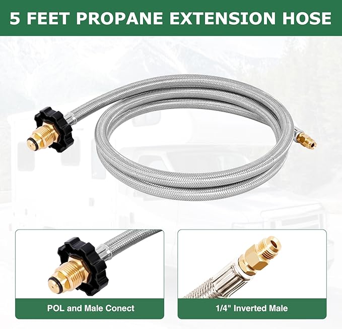 Extend a Stay RV Propane Kit, 4-Port Propane Brass Tee with 5 ft & 12 ft Stainless Steel Hoses for Connection Between Auxiliary Propane Cylinder and Appliances, Camping, Motorhomes