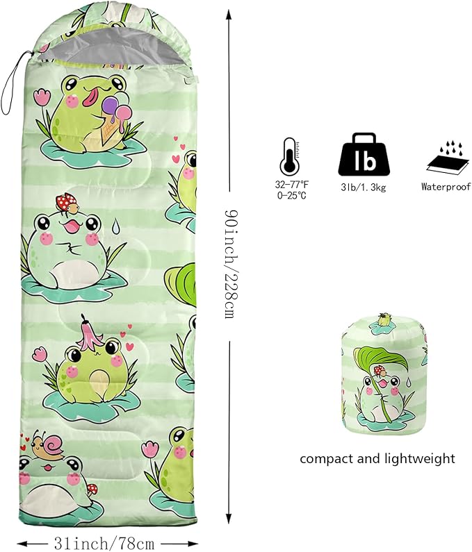 AILONEN Cute Frog Green Camping Sleeping Bag,Lightweight & Waterproof,3 Season Warm & Cool Weather,Travel Portable Compression with Compact Carrying Bag for Kids Girls Adults