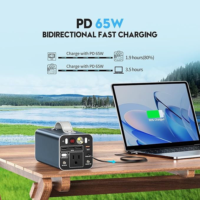 150W Portable Power Station, 155.4Wh Portable Laptop Charger with AC Outlet, DC/USB-C Port, Battery Backup Power Supply for Outdoor Camping Home Outage