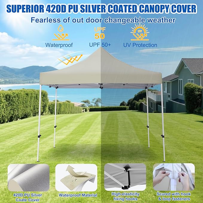 Yesker 10x10 Pop Up Canopy Tent with 4 Sidewalls Portable Folding Outdoor Canopy Easy Setup Gazebo Waterproof Instant Shelter Tent w Wheel Carry Bag sandbag for Events Parties Camping, Khaki Brown