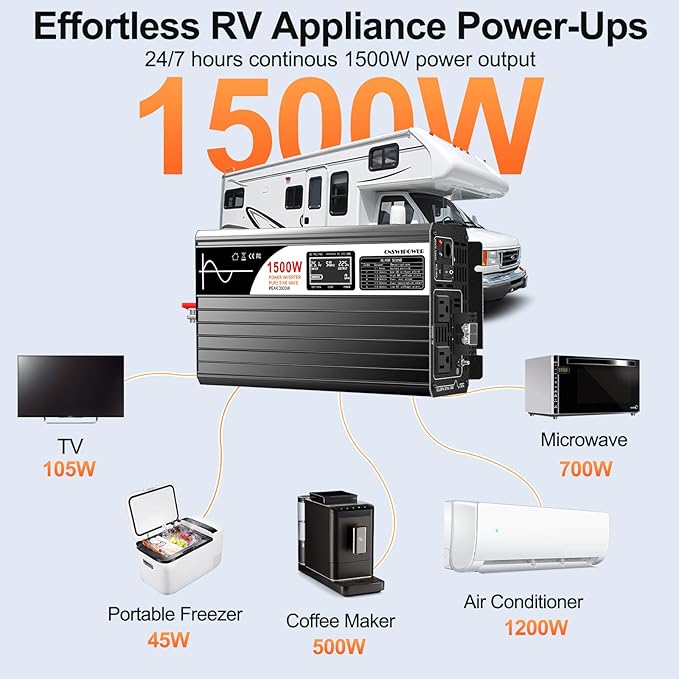 1500W (Peak Power 3000W) DC 12v to 120V AC 60HZ Pure sine Wave Solar Inverter for Home RV &Camping (DC12V (Range 10V-15V)