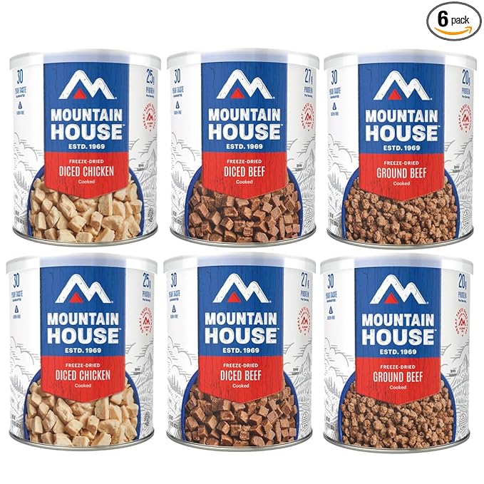 Mountain House Freeze-Dried Protein Pack Sampler #10 Can – 102 Total Servings (Pack of 6) – Includes Diced Chicken, Diced Beef & Ground Beef – Fully Cooked, Ready-to-Eat High-Protein Emergency Survival Canned Food – Shelf-Stable Long-Term Food Storage ...