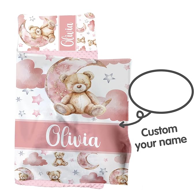 Custom Toddler Nap Mat for Preschool, Personalized Name Pink Kids Sleeping Bag with Bear for Daycare, Roll Up Sleeping Mat with Removable Pillow and Soft Dot Minky Blanke for Girls Camping