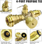 4-Port Propane Brass Tee kit with 5FT and 12FT Stainless Braided Hose, Tee Adapter Kit Allows for Connection Between Auxiliary Propane Cylinder and Propane Appliances for Motorhomes Tank RV Camping