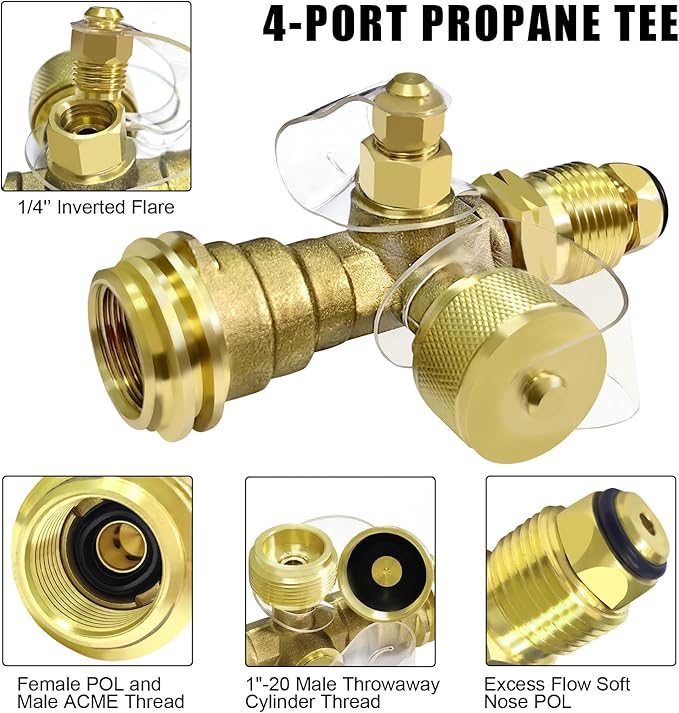 4-Port Propane Brass Tee kit with 5FT and 12FT Stainless Braided Hose, Tee Adapter Kit Allows for Connection Between Auxiliary Propane Cylinder and Propane Appliances for Motorhomes Tank RV Camping