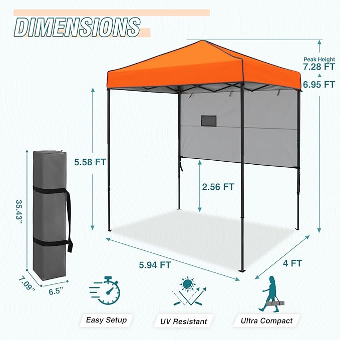 EAGLE PEAK 6x4 Instant Pop Up Canopy Tent with 1 Half Wall Panel, Straight Leg Sun Shelter, Portable Canopy with Carry Bag for Camping, Beach & Sports, Orange