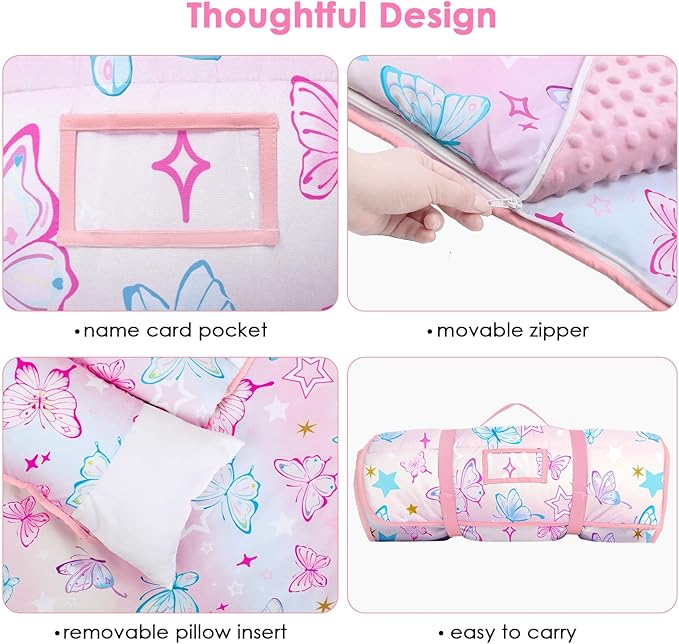 Kids Nap Mat Portable Slumber Bags with Removable Pillow and Blanket for Girls Boys, Lightweight Extra Large Sleeping Bag for Preschool Camping Daycare