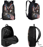 American Flag Eagle Pattern Kids Book Bag Set 3 In 1, 17 Inch Travel Backpack Rucksack Lunch Bags Pencil Case for Women Men