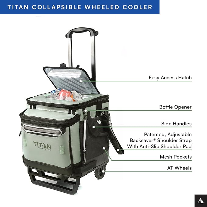 Titan Deep Freeze 60 (50+10) Can Wheeled Cooler - Collapsible Rolling Cooler with Wheels and All-Terrain Cart