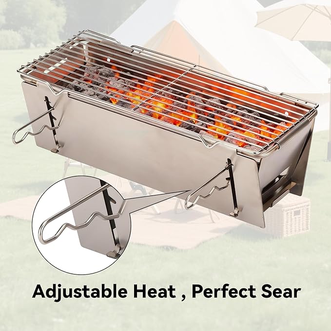 TADA Small Foldable Portable Charcoal Grill Heavy Duty Stainless Steel BBQ Grill for Outdoor Camping Picnic Beach