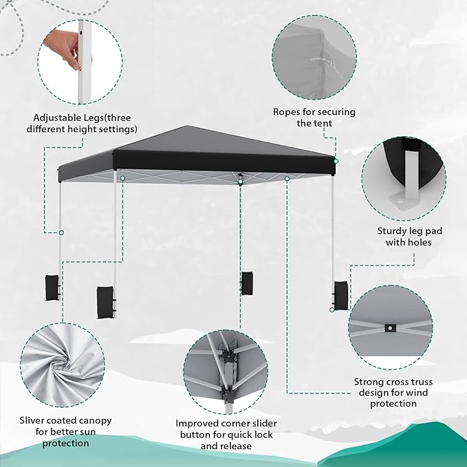 EROMMY 12x12 Pop Up Tent, Easy to Set Up Canopy Tent, Outdoor Canopy for Events, Camping, Parties with Wheeled Bag, 4 Ropes, 4 Sand Bags and 8 Spikes(Black)