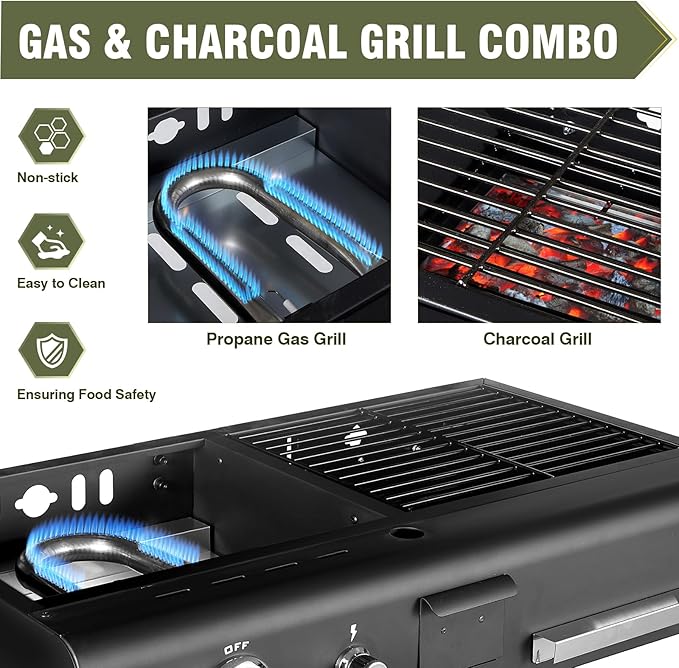 BESTFIRE Tabletop Propane & Charcoal Grill Combo, 70,000 BTU Dual Fuel Flat Top Griddle, 2 Side Shelves & Cast Iron Cooking Area – Compact BBQ Grill for Patio, Camping, and Small Outdoor Spaces