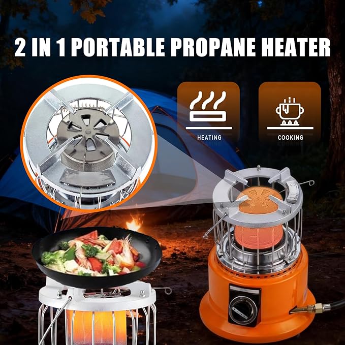 2-in-1 Propane Heater and Stove, Portable Heater with 6FT Regulating Valve, Dual Function Indoor Safe for Ice Fishing, Tent Camping, Tailgating, Emergency, Basement Heating