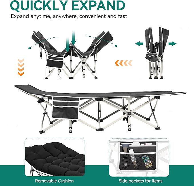 YITAHOME Camping Cots w/Mattress Portable Lounge Chair Outdoor Folding Cot Heavy Duty 575LB Capacity 1200D Oxford w/Carry Bag Travel Camp Bed for Camping, Office, Traveling, Black