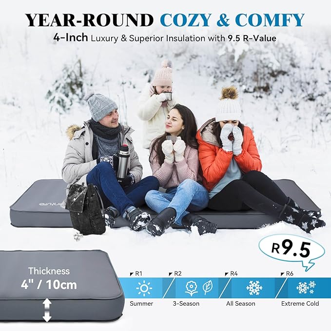 Hikenture 4 INCH Thick Self Inflating Sleeping Pad 9.5 R Value, Comfort Plus Camping Mattress with Pump Sack, Inflatable Foam Insulated Camping Pad, Camping Mat 4-Season