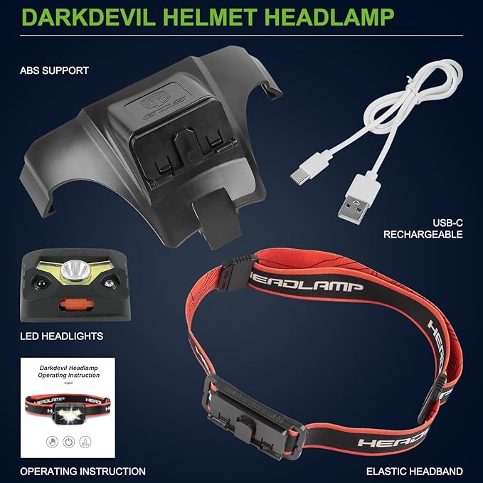 GREEN DEVIL Safety Hard Hat with Rechargeable Headlamp Light and Helmet Liner Chin Strap Men Vented Work Hardhats ANSI Z89.1 Approved Cascos de Construccion Ideal for Industrial Construction Forestry