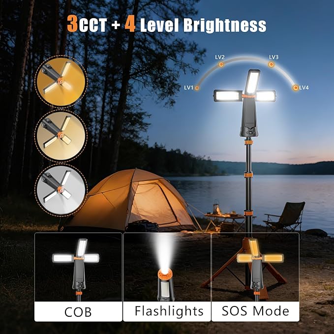 SKYFIRE Rechargeable Camping Light, 5500 Lumens LED Work Light with Detachable Tripod, 10000mAh Battery Powered, Solar Magnetic Waterproof Outdoor Light for Camping, Emergency, Construction Site