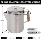 KingCamp Percolator Coffee Pot Campfire Coffee Boiler Kettle 304 Stainless Steel with Wood Handle for Outdoor Camping Cookware, Cabin, RV, Kitchen, Hunting & Backpacking, NO Aluminum or Plastic 12 Cup