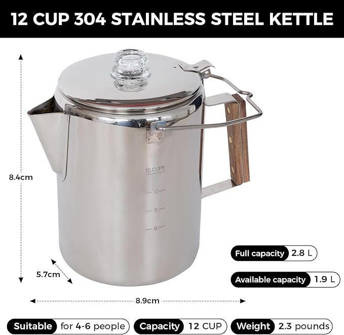 KingCamp Percolator Coffee Pot Campfire Coffee Boiler Kettle 304 Stainless Steel with Wood Handle for Outdoor Camping Cookware, Cabin, RV, Kitchen, Hunting & Backpacking, NO Aluminum or Plastic 12 Cup