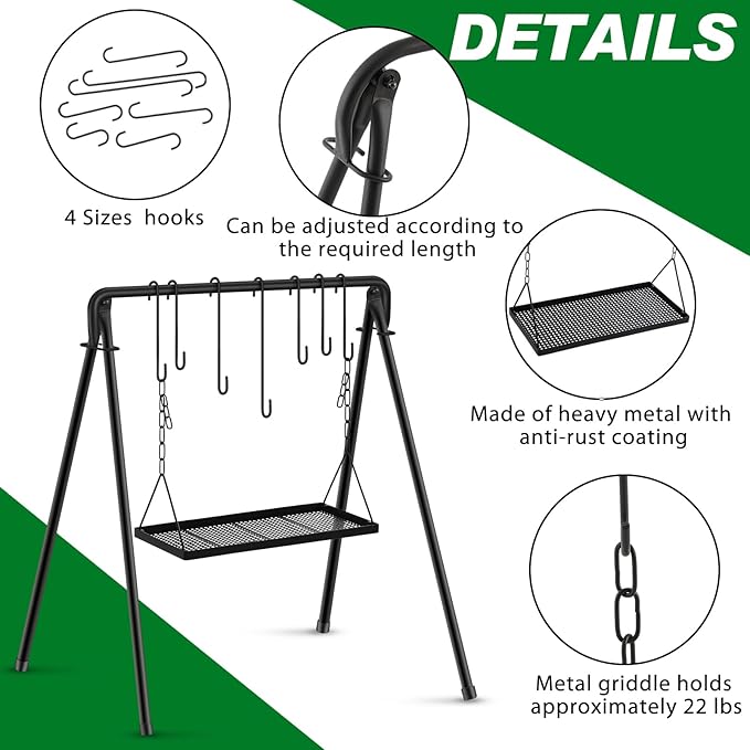 Campfire Swing Grill Stand Adjustable Campfire Cooking Equipment Camping Accessories Cookware Hanging Rack with 8 Hooks and Portable Grill Stand for BBQ Picnic Outdoor Party