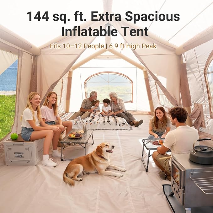 ABORON 2/6/8/10/12 Person Inflatable Camping Tent, Easy Setup Blow Up Tent with Hand Pump, PU3000mm Waterproof & Breathable 4 Season Glamping Tent for Outdoor Camping
