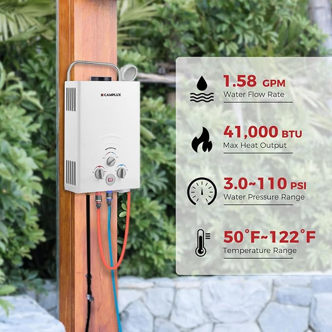 Portable Camplux Propane 1.58 GPM Tankless Gas, On Demand Water Heater, White