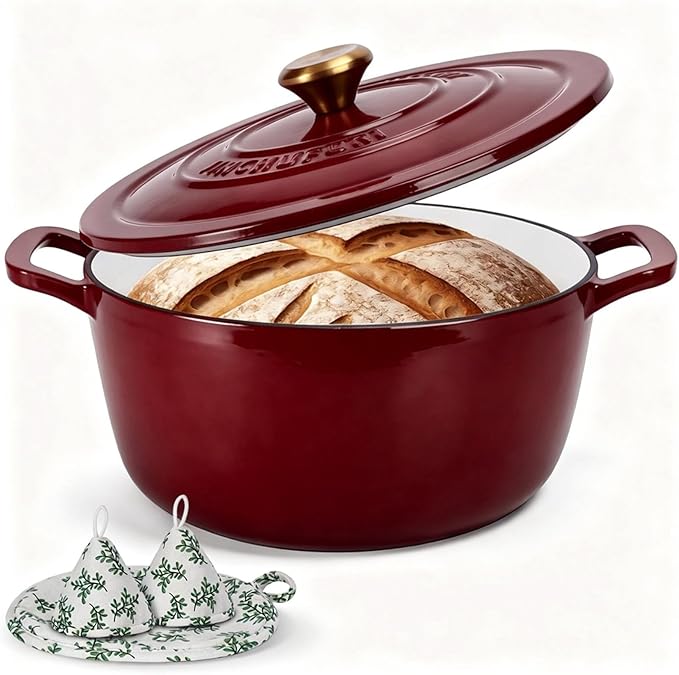 Enameled Cast Iron Dutch Oven with Lid – 5QT Heavy-Duty Pot, Oven Safe up to 500°F, Dual Handles, Ideal for Sourdough Bread Baking, Stews, Roasting, Braising – All Cooktops, Durable & Versatile Cookware (Red)