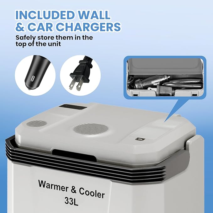 35 QT (33 L) Electric Cooler & Warmer, Portable Car Refrigerator With Automatic Locking Handle, 12V Car Cooler for Vehicle & Trucks, 110V AC Home Power Cord, Plug In Coolers, Grey
